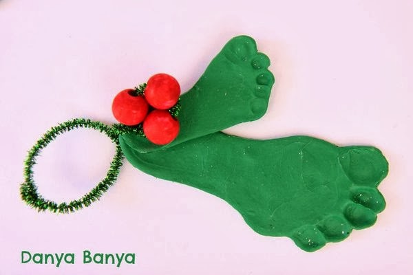 Polymer clay kid & baby footprint, painted bead and pipe cleaner mistletoe decorations