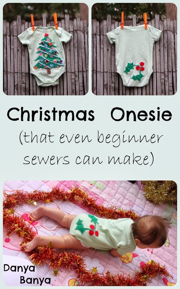 Christmas Baby Onesie (with Christmas tree front & holly bottom) that even beginner sewers can make