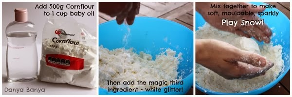 DIY Play Snow using cornflour, baby oil and glitter