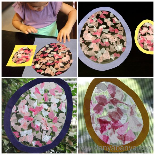 Toddler making Stained Glass Easter Egg with tissue paper